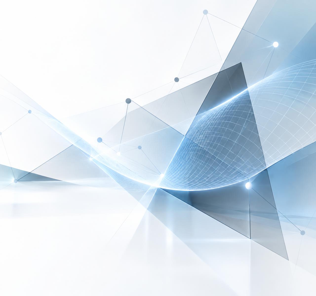 Abstract blue and grey geometric planes with a glowing wireframe curve